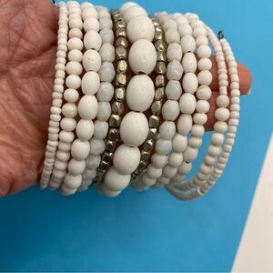 White Bead Memory Wire Bracelet